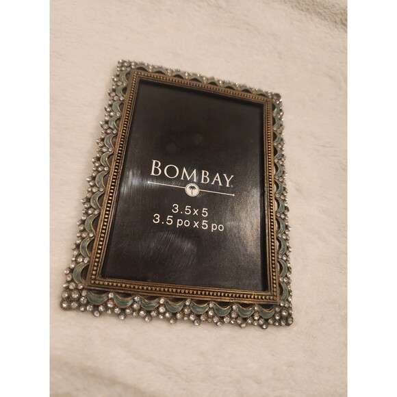 Vintage Bombay Co Ornate Enameled Green and Rhinestones Picture Frame 3.5x5 - Picture 1 of 4